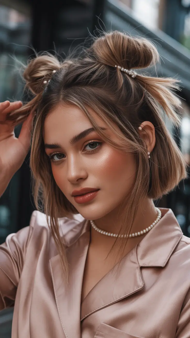 Fall 2025 Hairstyles Perfect for Mid-Length Cuts – Pearl-Pinned Mini Space Buns on a Soft Bob