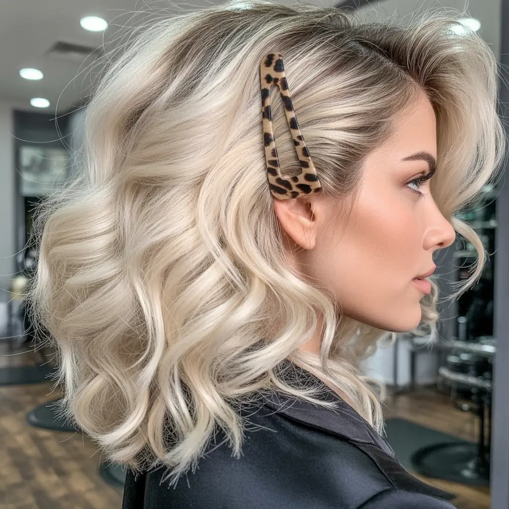 Fall 2025 Hairstyles Perfect for Mid-Length Cuts – Platinum Lifted Waves with Leopard Barrette