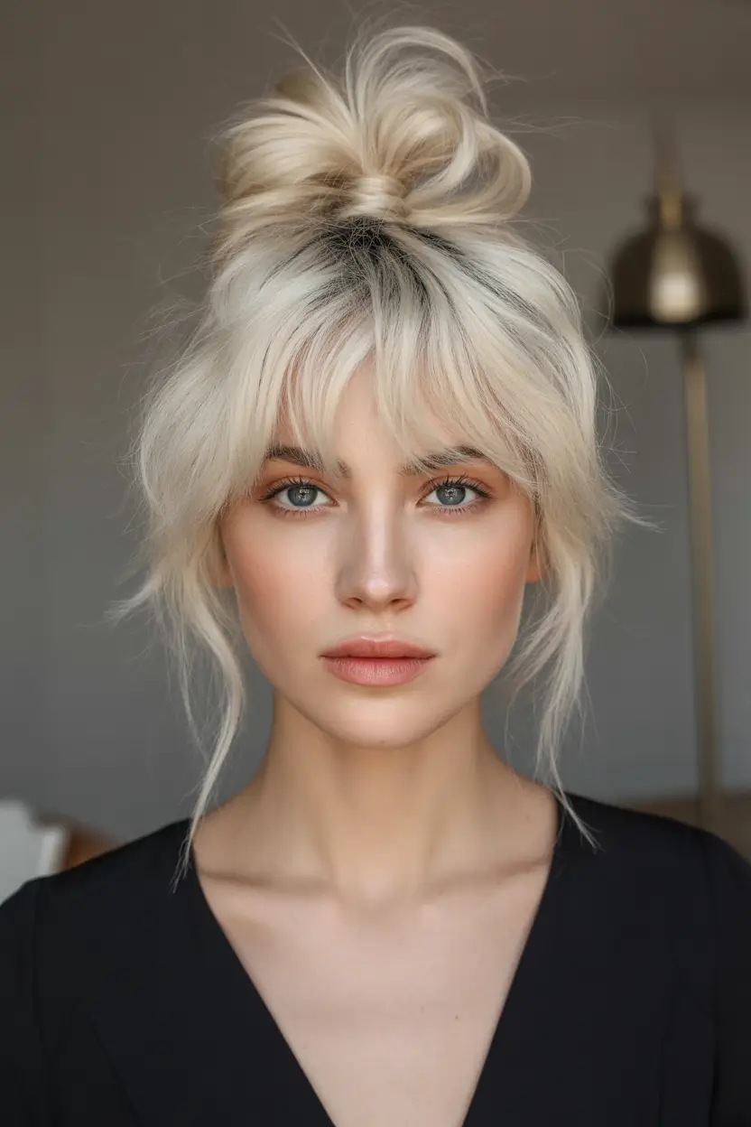 Fall 2025 Hairstyles Perfect for Mid-Length Cuts – Soft Topknot with Feathered Bardot Bangs