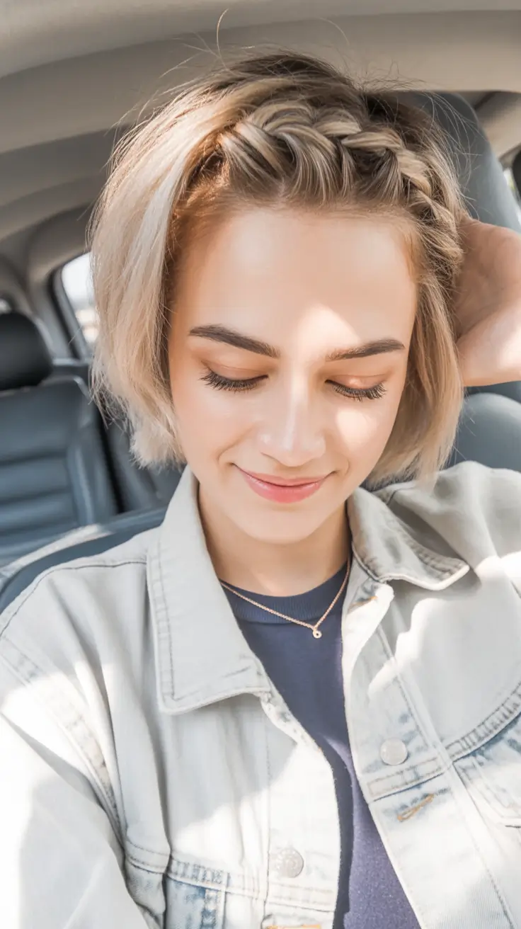 Fall 2025 Hairstyles Perfect for Mid-Length Cuts – Crown-Braided Airy Bob with Weekend Denim