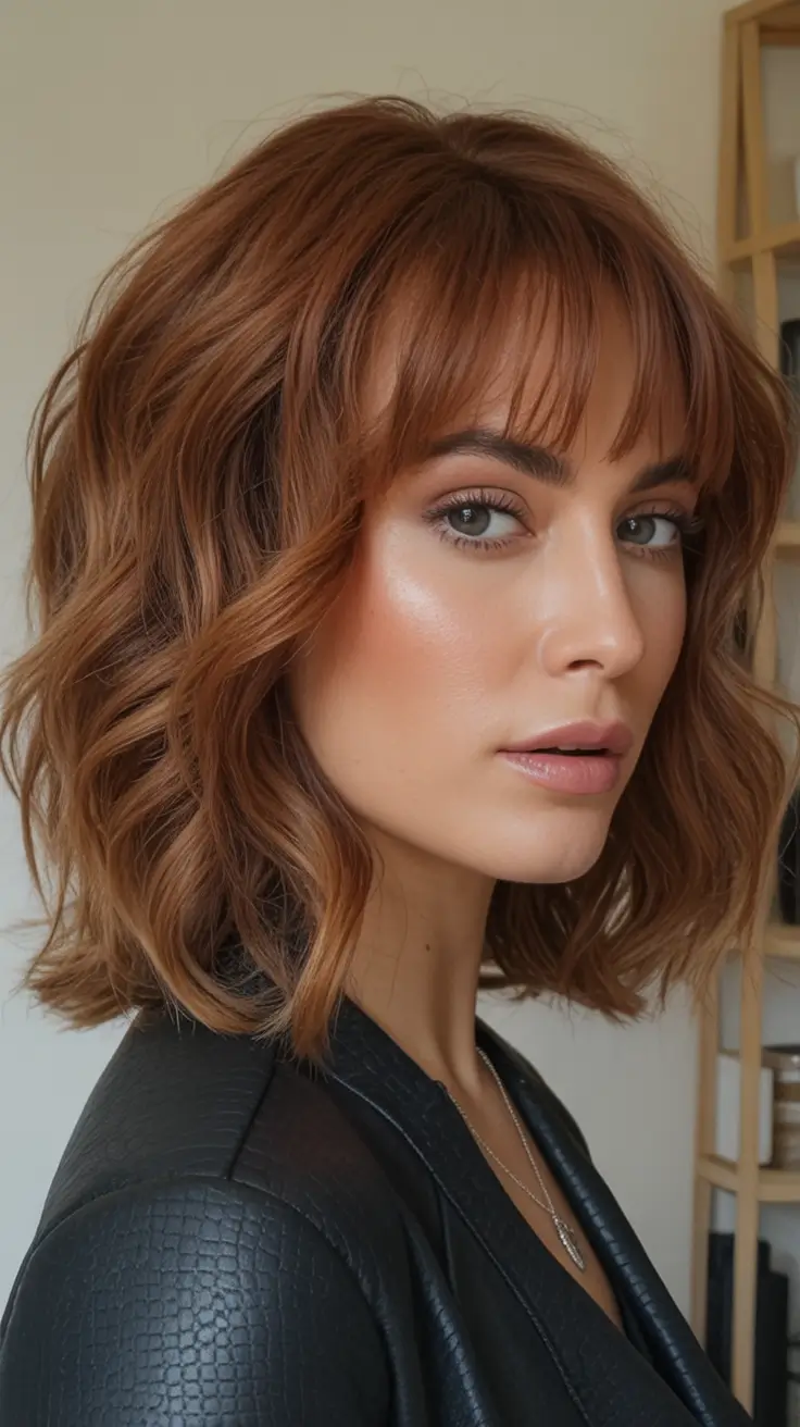 Fall 2025 Hairstyles Perfect for Mid-Length Cuts – Toffee-Copper Wavy Lob with Swaying Fringe