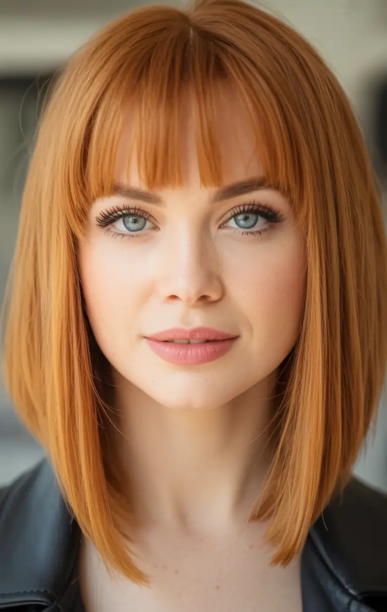 Fall 2025 Hairstyles Perfect for Mid-Length Cuts – Sleek Copper Lob with Baby Bangs and Precision Ends