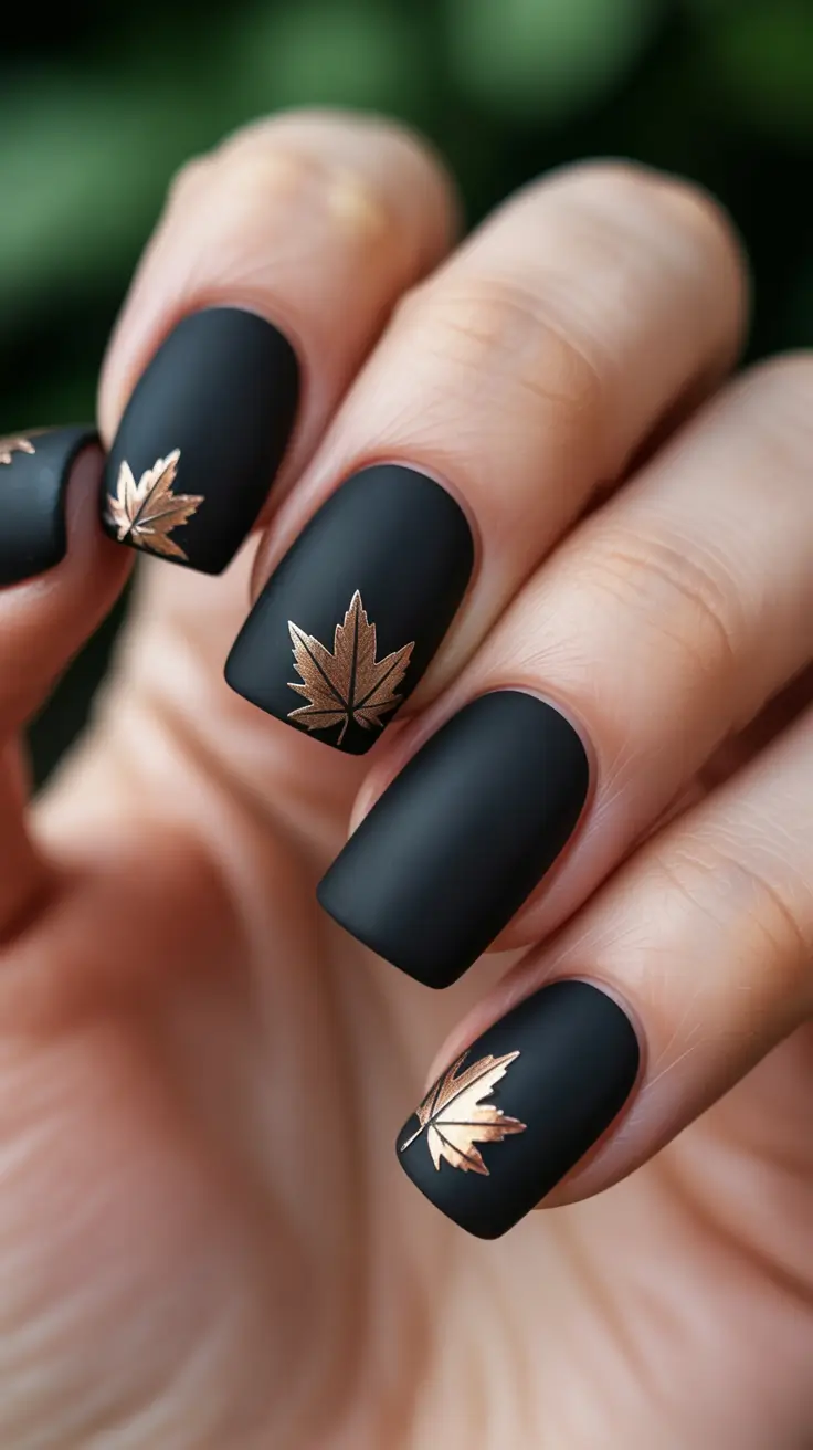fall-nails-color-trends-2025-matte-black-golden-leaves