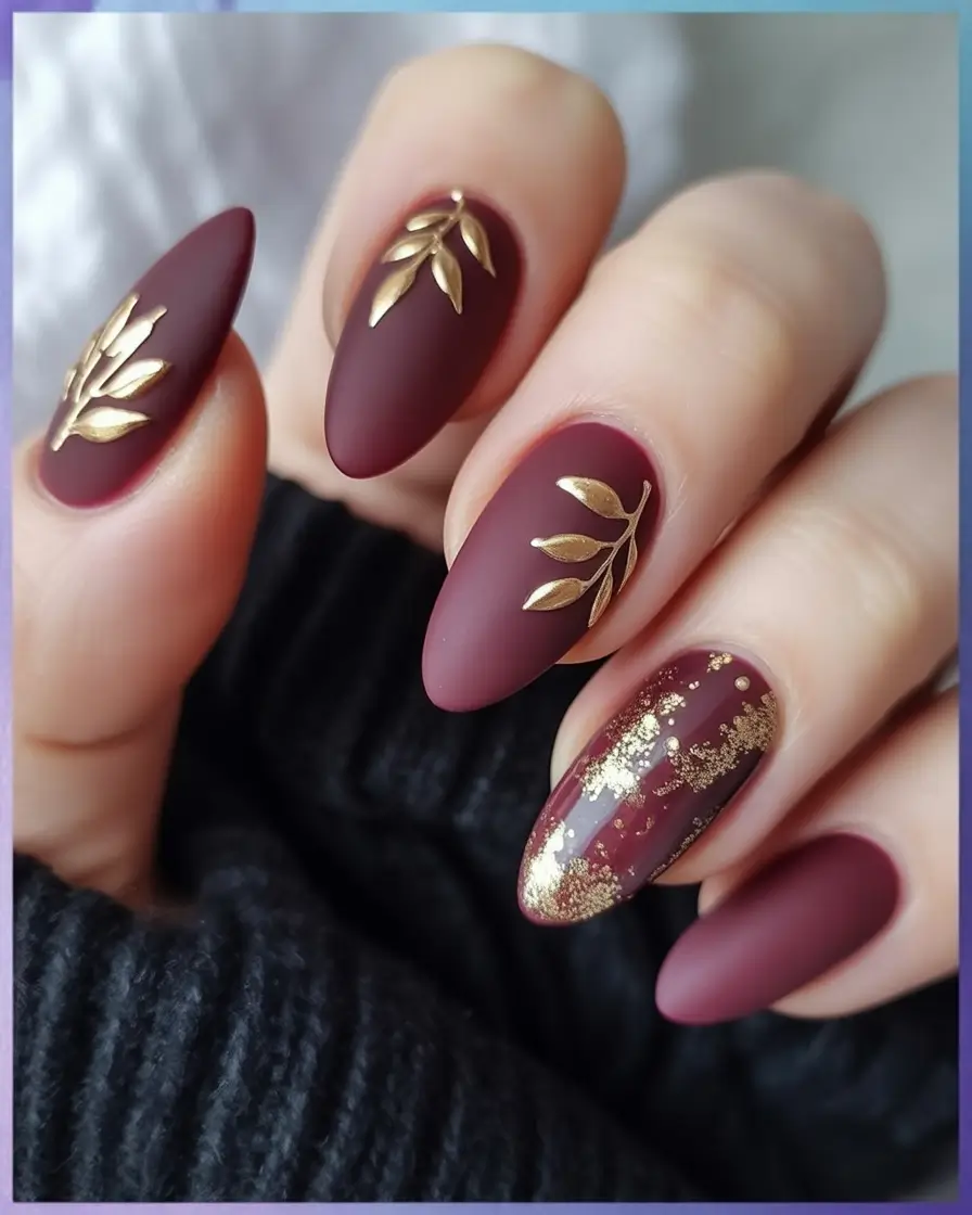 fall-nails-color-trends-2025-plum-matte-gold-foil