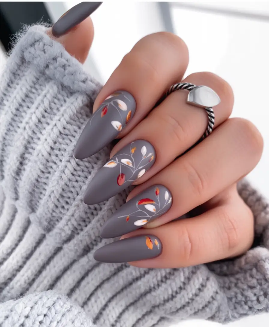 fall season nails - Matte Fog Leaves on Almond