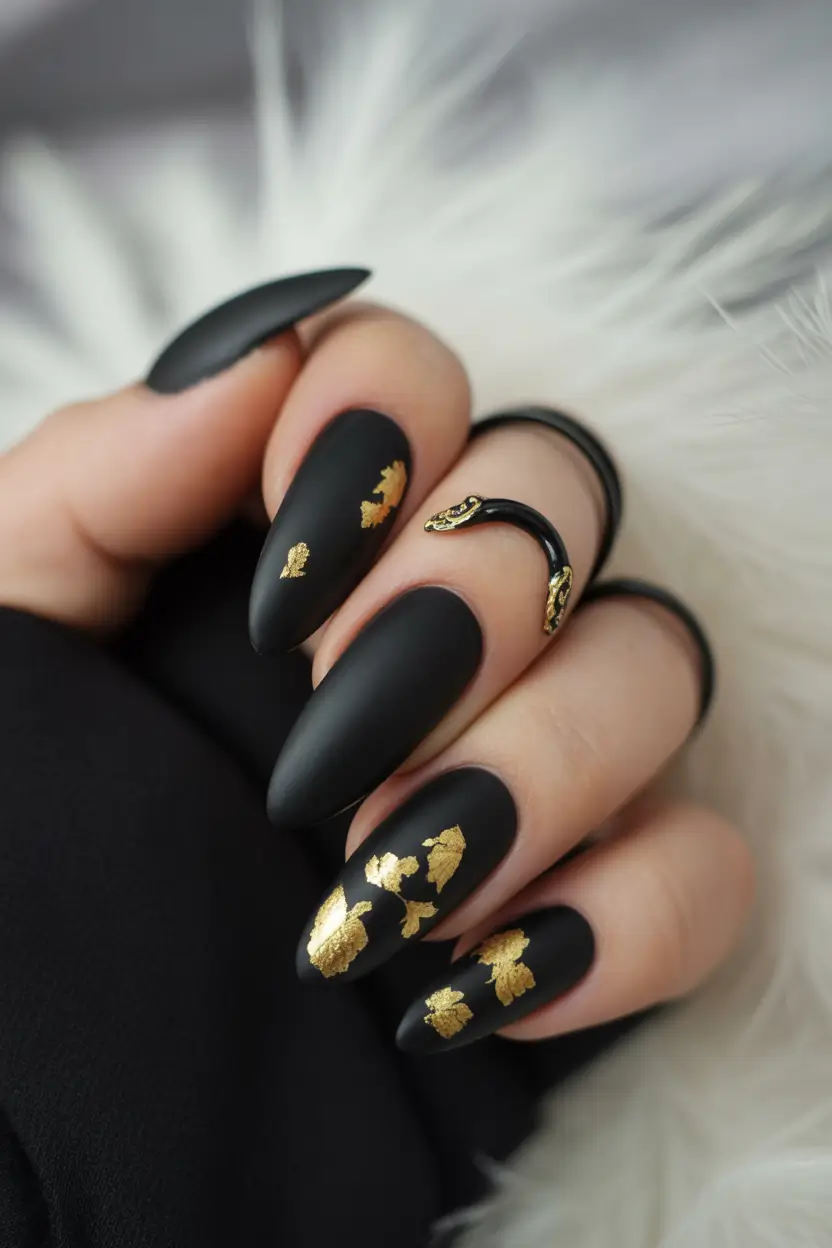 fall season nails - Gilded Noir Matte Almond