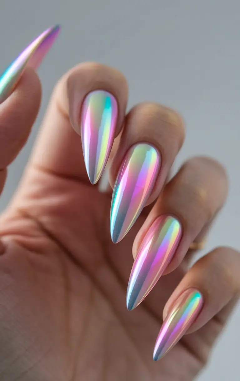fall season nails - Prismatic Aurora Chrome Almond