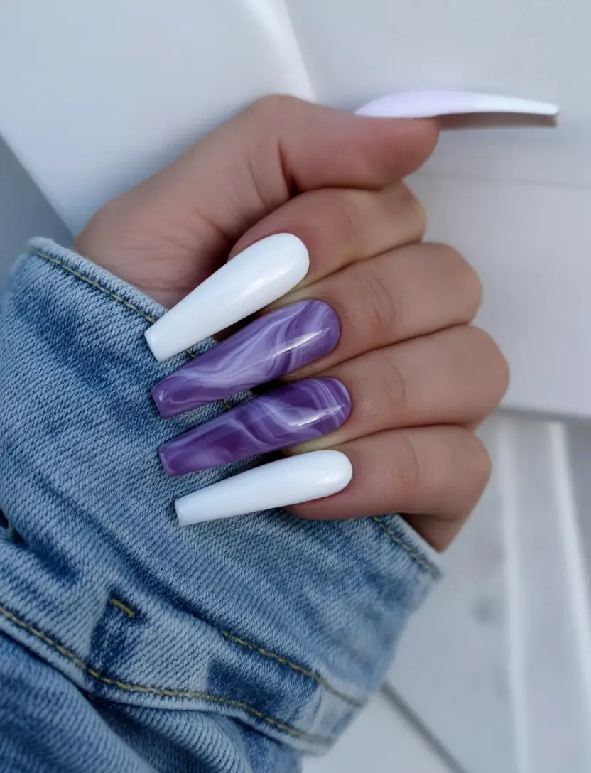fall season nails - Polar White and Amethyst Veins Coffin