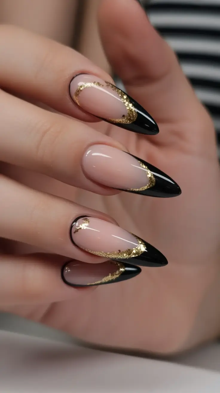 fall season nails - Black Crescent French with Gilded Arcs