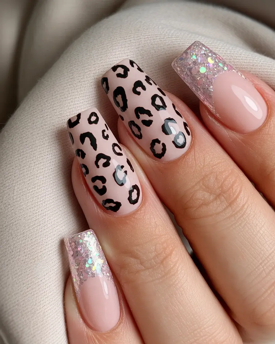 fall season nails - Leopard Neutrals with Party Glitter