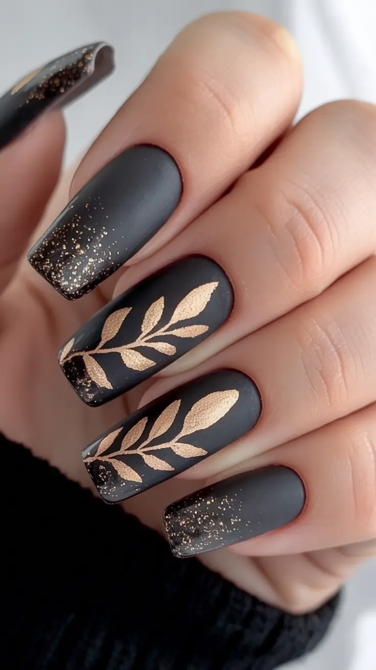 fall season nails - Matte Charcoal Botanicals with Bronze Sheen