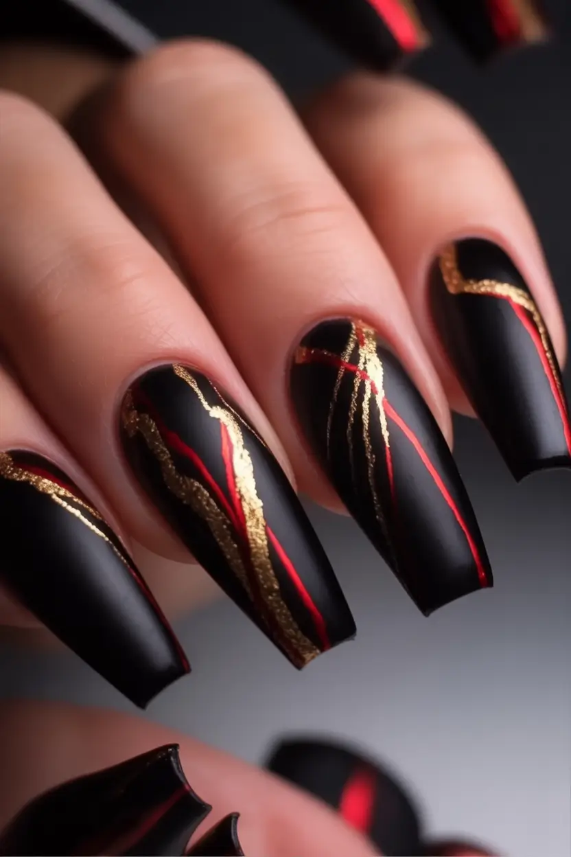 fall season nails - Kintsugi Ember Lines on Matte Black Coffin