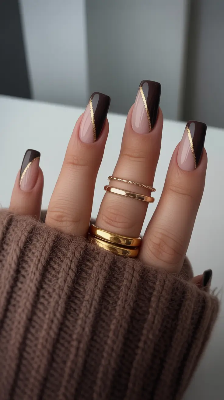 fall season nails - Mocha Angled French with Gilded Edge