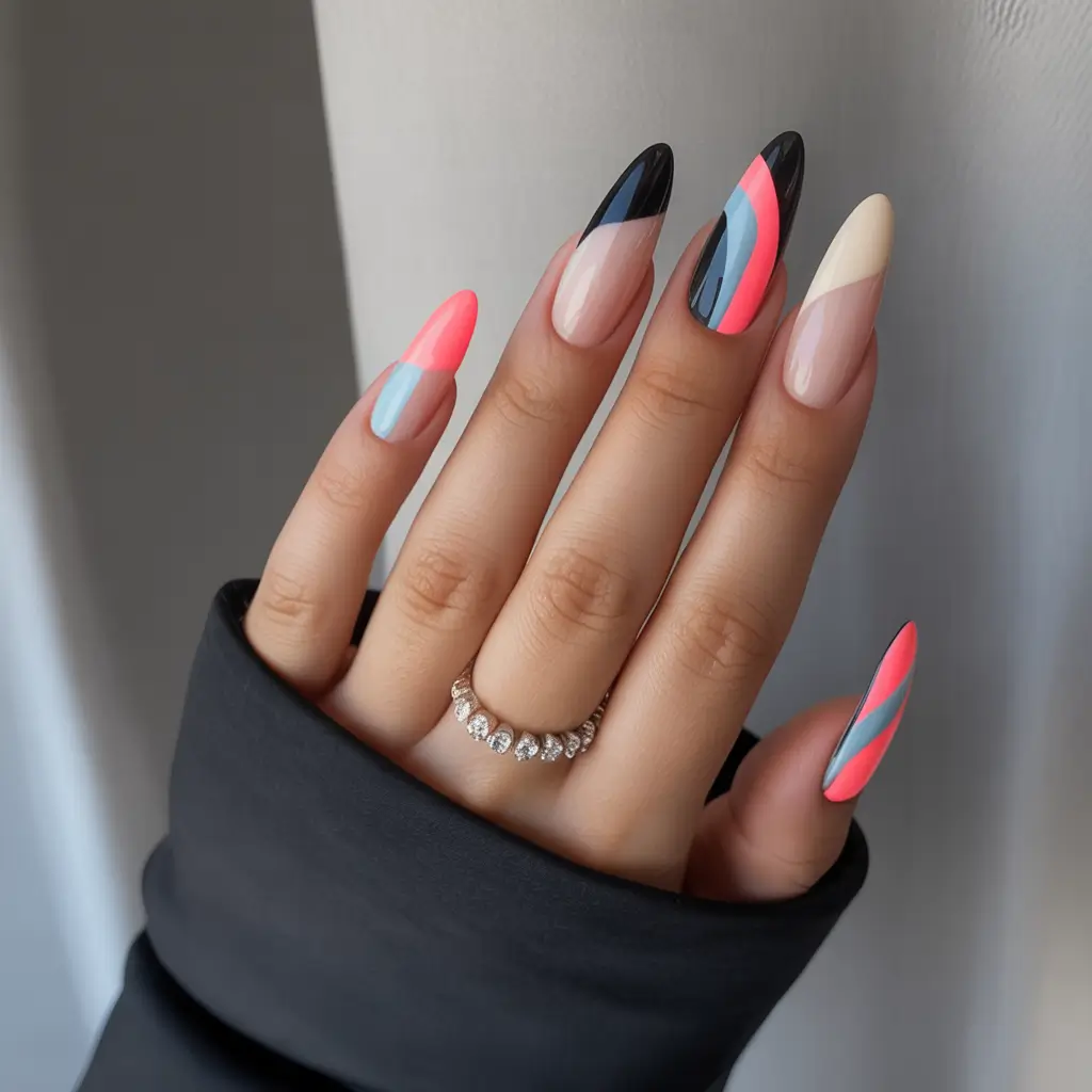 fall season nails - Neon Wave Color-Block Almond