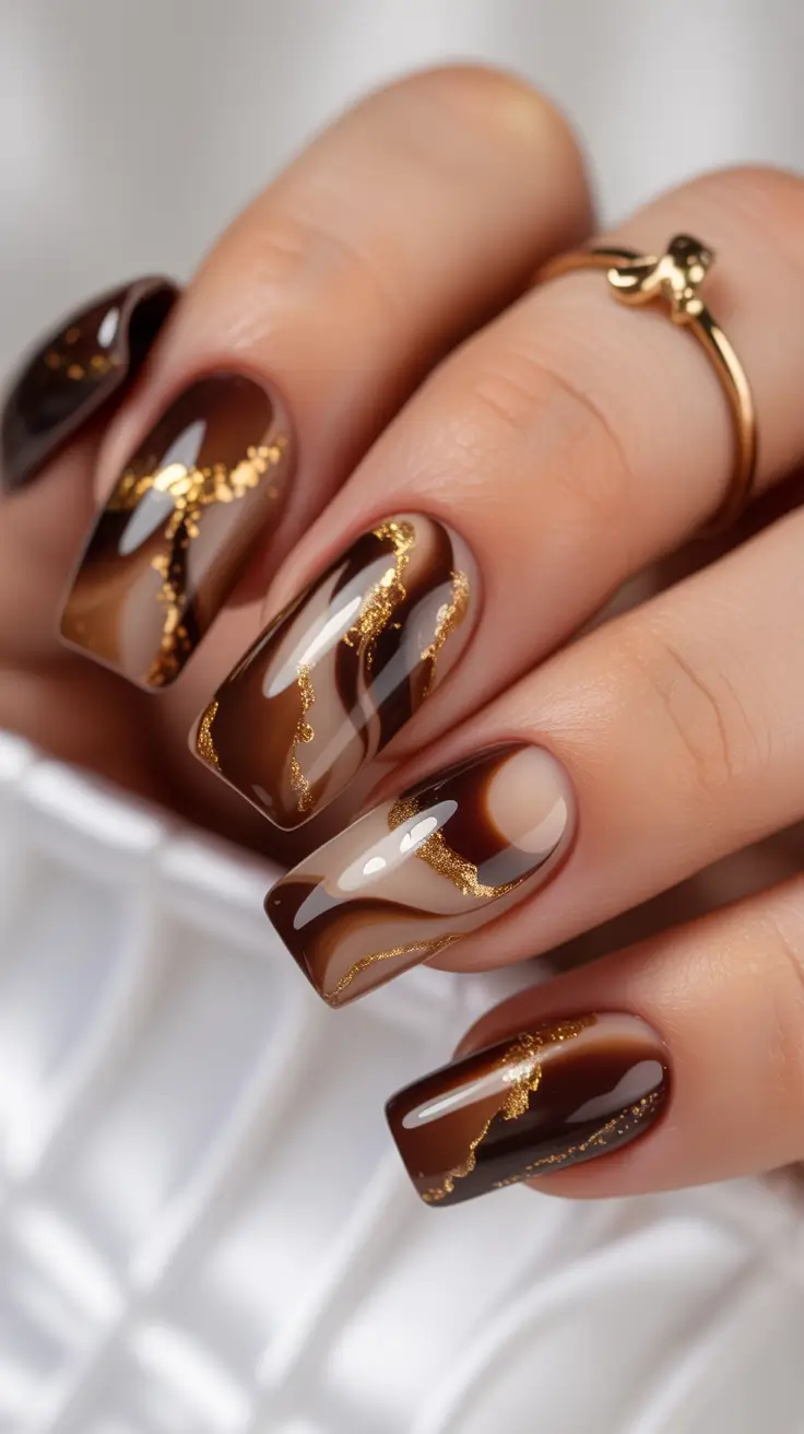 fall season nails - Mocha Swirl Square with Gilded Veins
