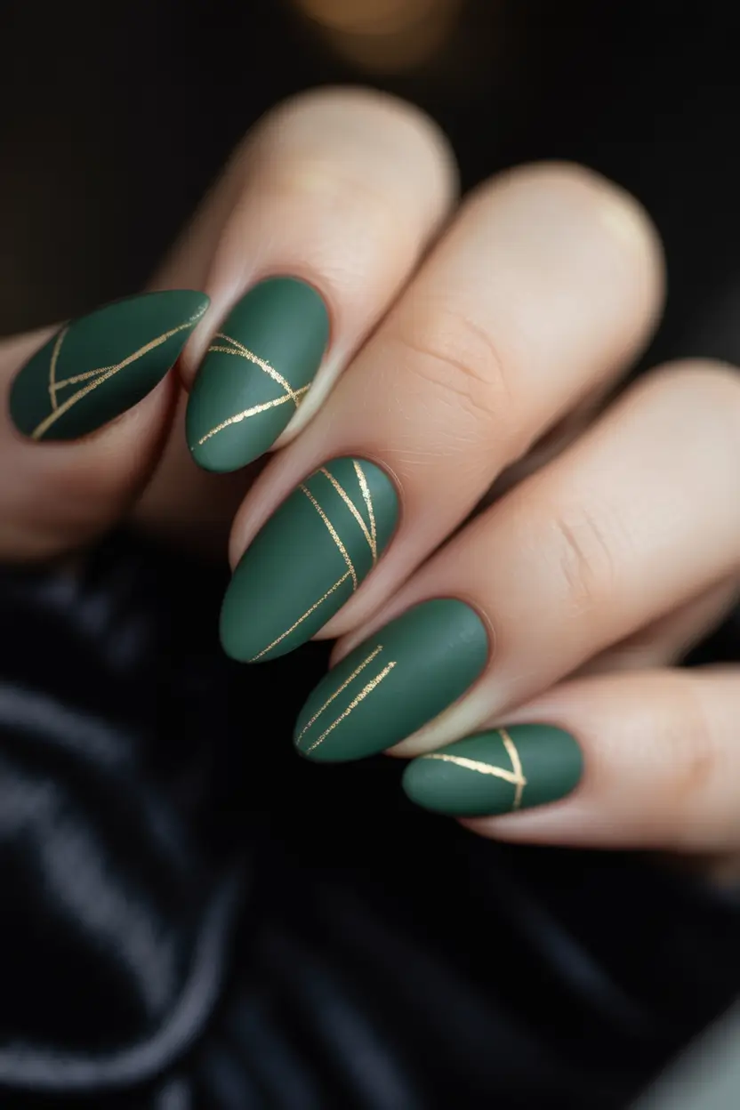 fall season nails - Matte Forest Lines on Almond