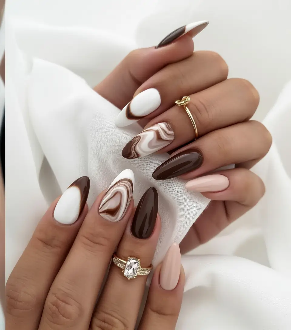 fall season nails - Mocha Marble & Latte Swirls