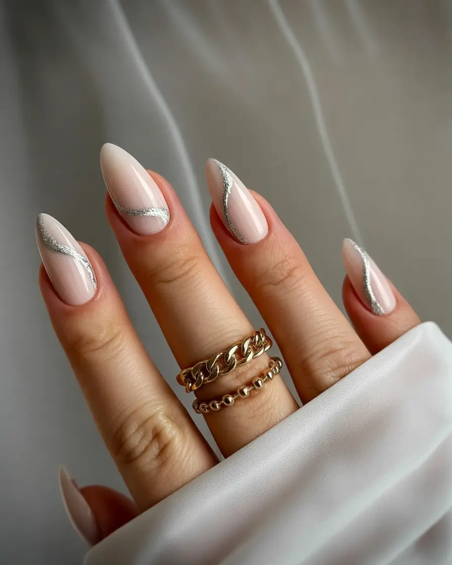 fall season nails - Soft Nude with Silver Streamlines