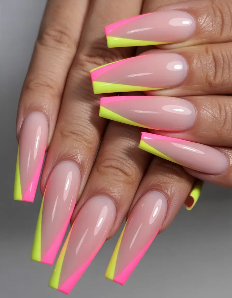 fall season nails - Neon Split French on Long Coffin