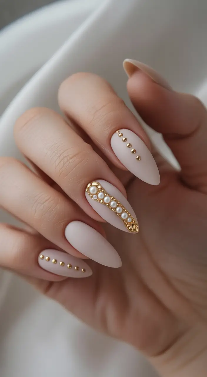 fall season nails - Pearled Champagne Studs on Matte Almond