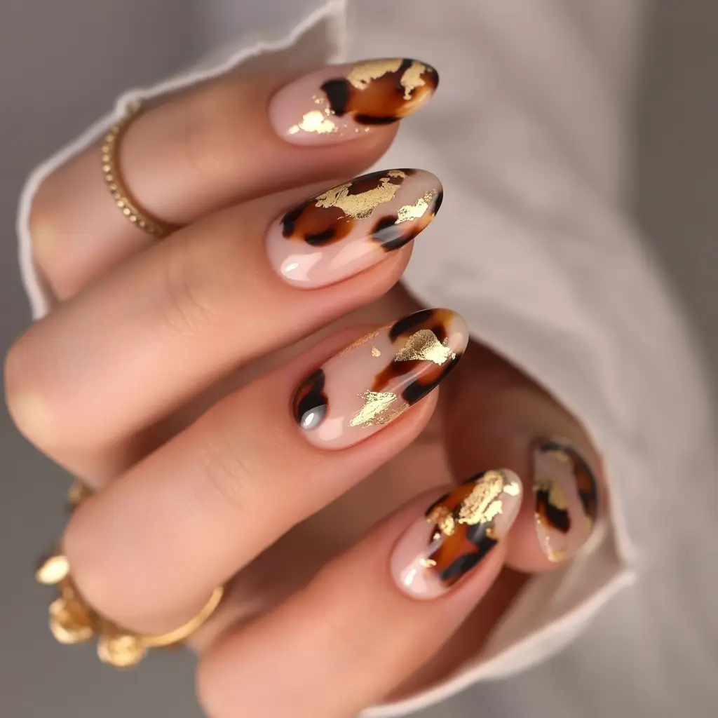 fall season nails - Tortoiseshell Tips with Gold Leaf