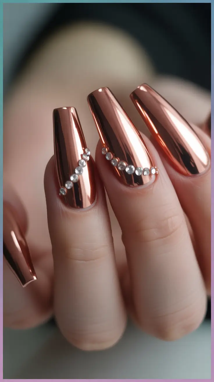 Fall ballerina nails Rose Gold Chrome With Gems