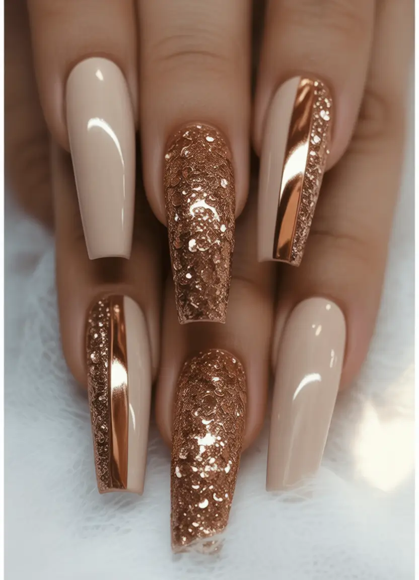 Fall ballerina nails Glitter and Rose Gold Elegance