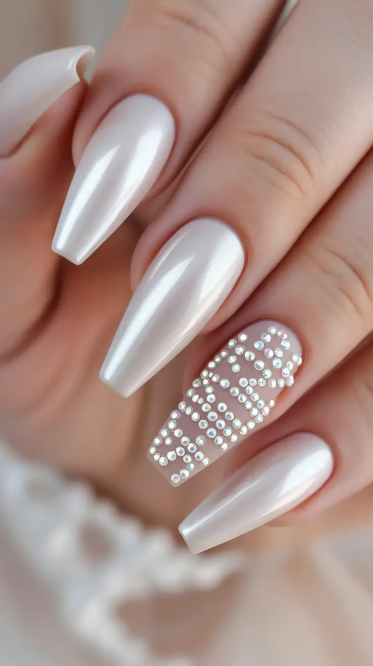 Fall ballerina nails Pearl White With Crystal Accent