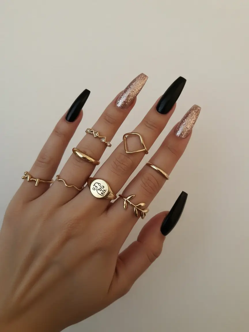 Fall ballerina nails Black and Gold Glitter Mix
