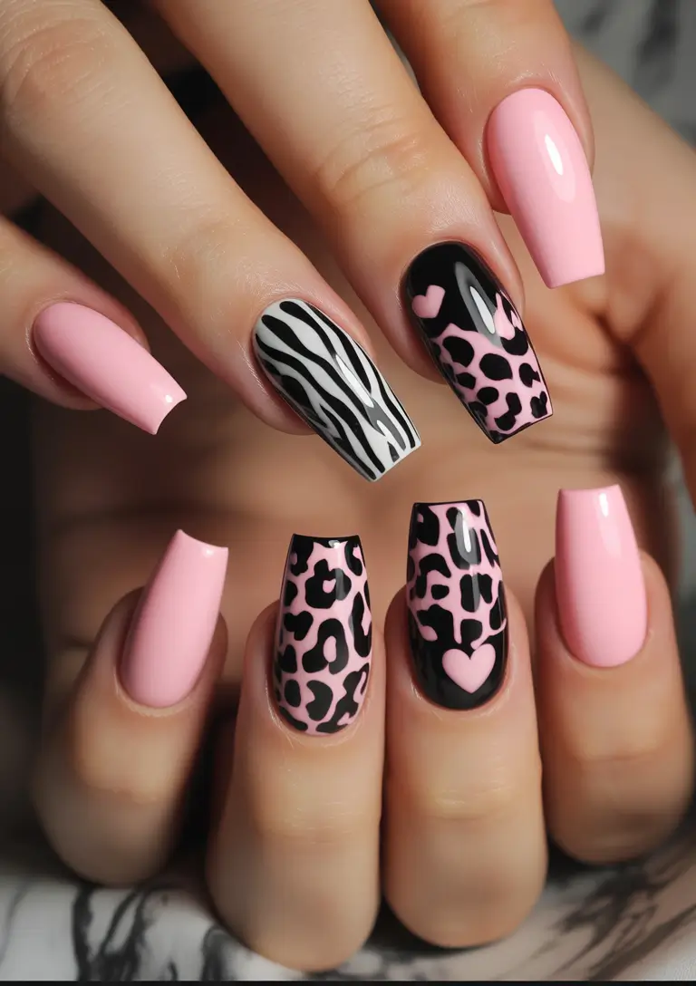 Fall ballerina nails Animal Print with a Pop of Pink