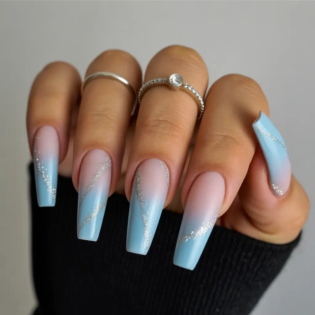 Fall ballerina nails Cool-Toned Blue With Silver Accents