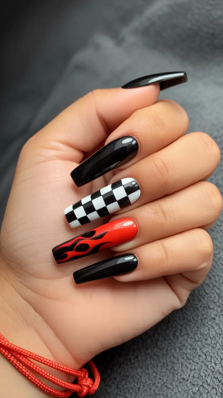Fall ballerina nails Edgy Flame and Checkered Mix