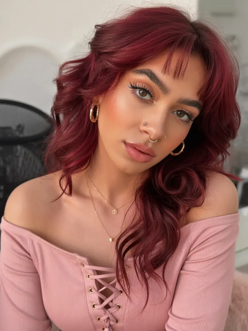 hair-color-for-brown-skin-Burgundy-Waves-with-Baby-Fringe