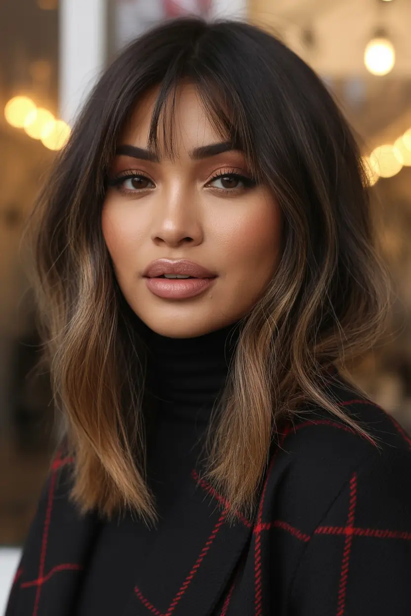 hair-color-for-brown-skin-Textured-Chestnut-Lob-with-Curtain-Bangs