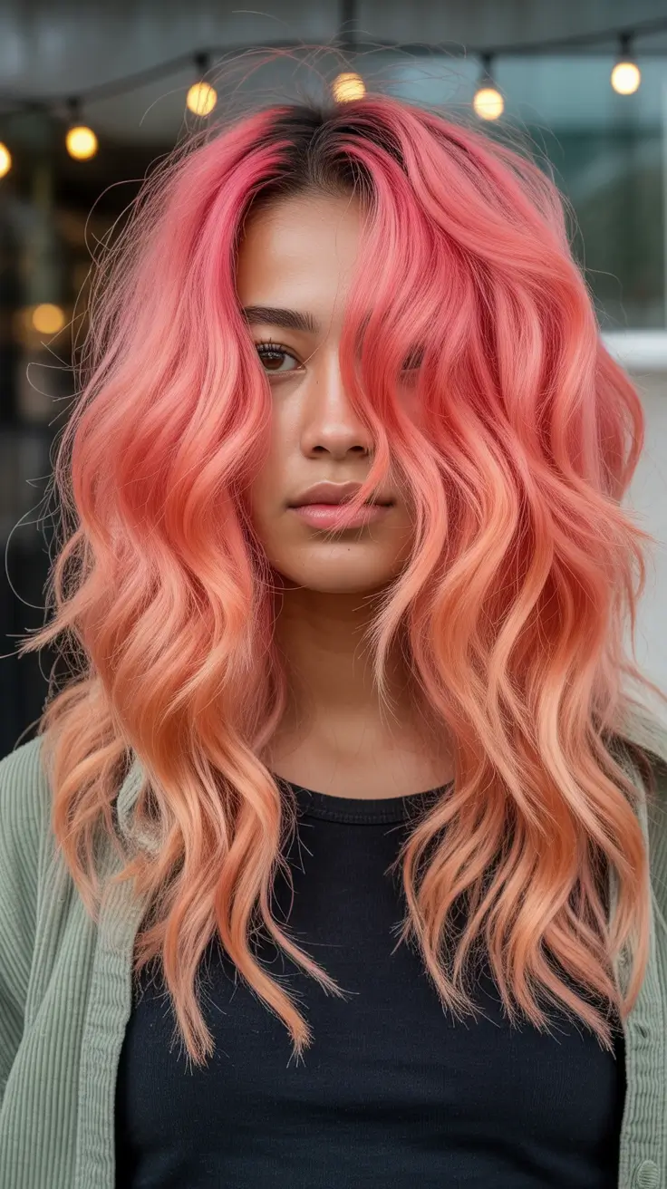 hair-color-for-brown-skin-Peachy-Pink-Sorbet-on-Long-Layers