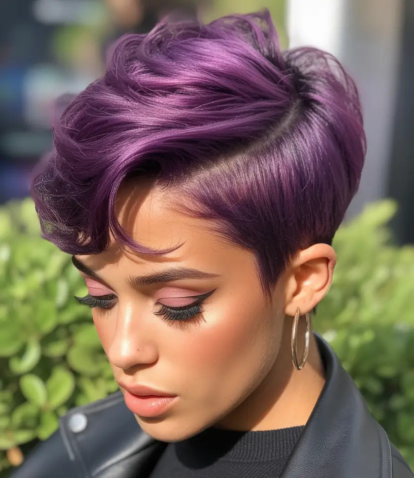 hair-color-for-brown-skin-Metallic-Violet-Pixie-with-Texture