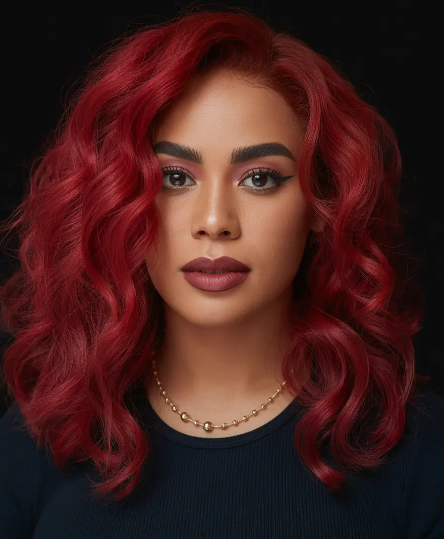hair-color-for-brown-skin-Cherry-Wine-Curls-on-Medium-Length