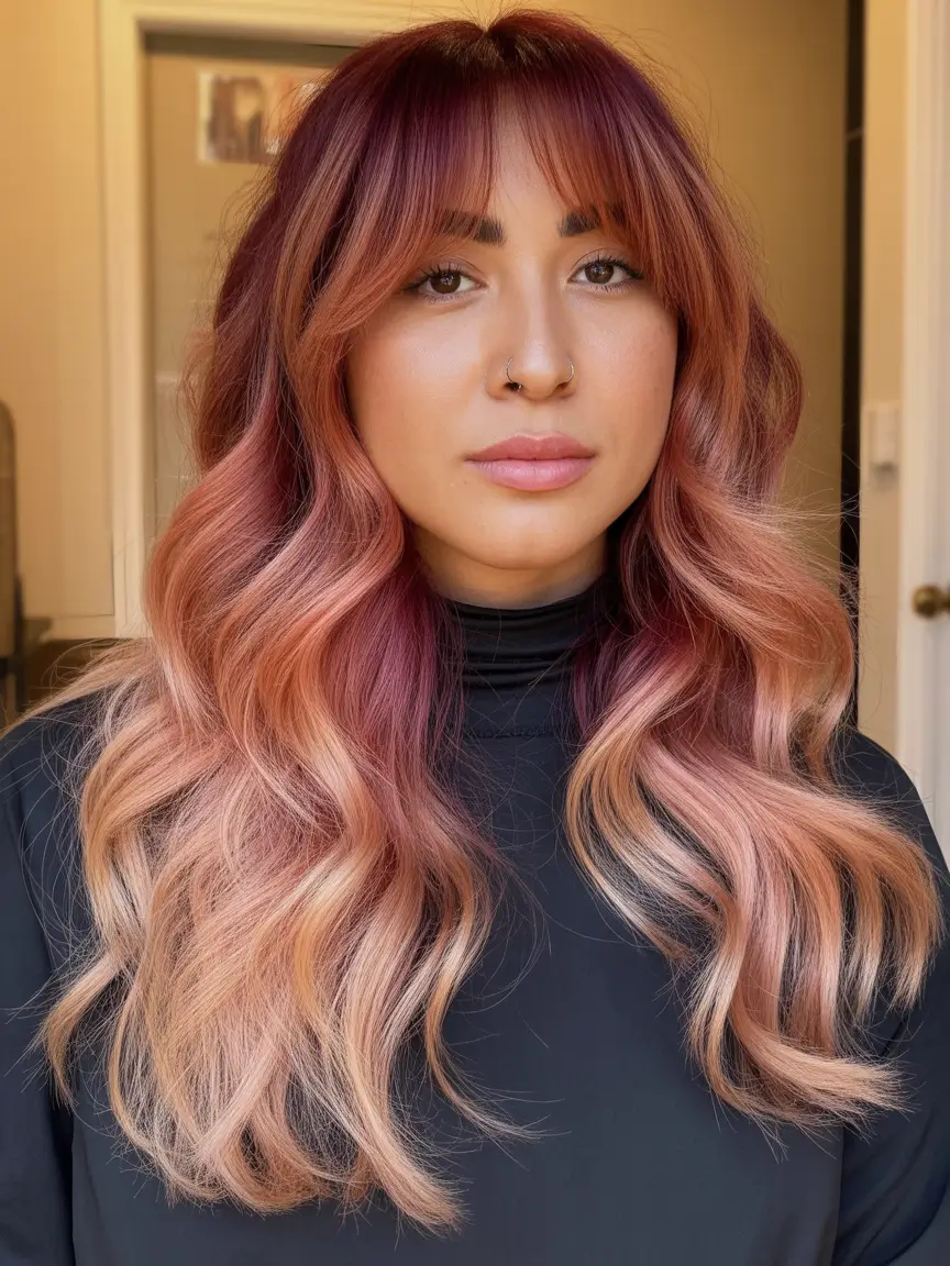 Fall Hair Color Ideas for Deep Skin Muted Berry Melt with Bangs