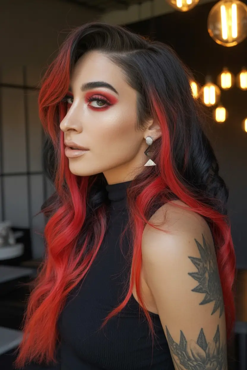 Fall Hair Color Ideas for Deep Skin Jet Black with Fire Engine Red Money Pieces