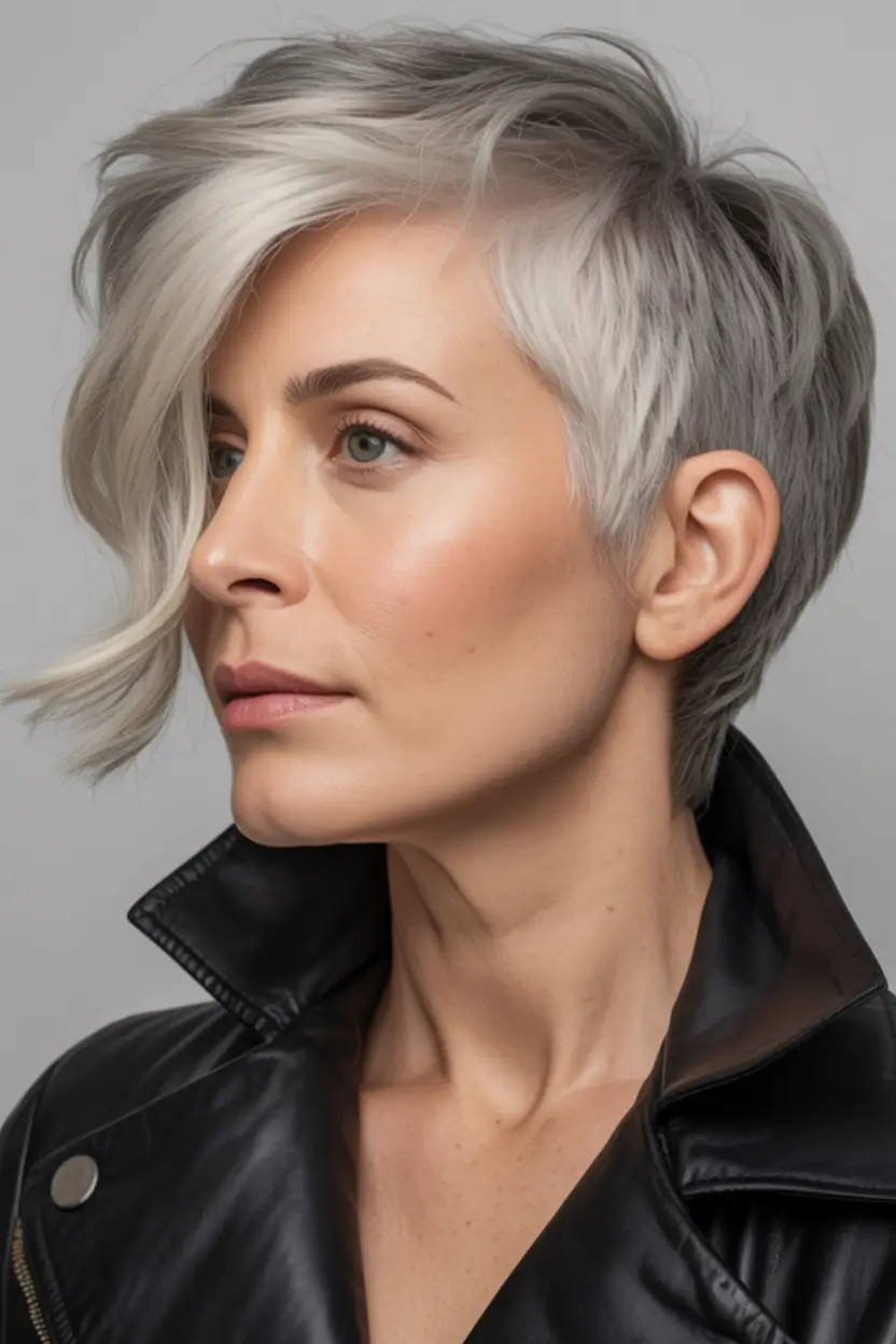 Fall Hair Color Ideas for Deep Skin Silver Lavender Pixie with Side Fringe