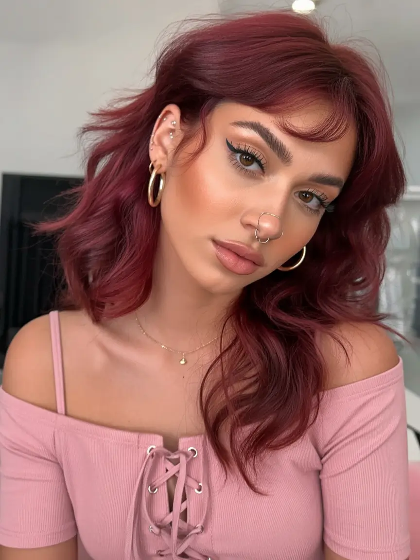 Fall Hair Color Ideas for Deep Skin Berry Flame Layers with Micro Fringe