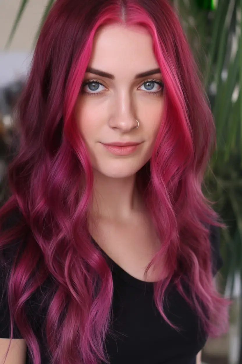 Fall Hair Color Ideas for Deep Skin Electric Fuchsia Money Pieces with Dark Wine Base
