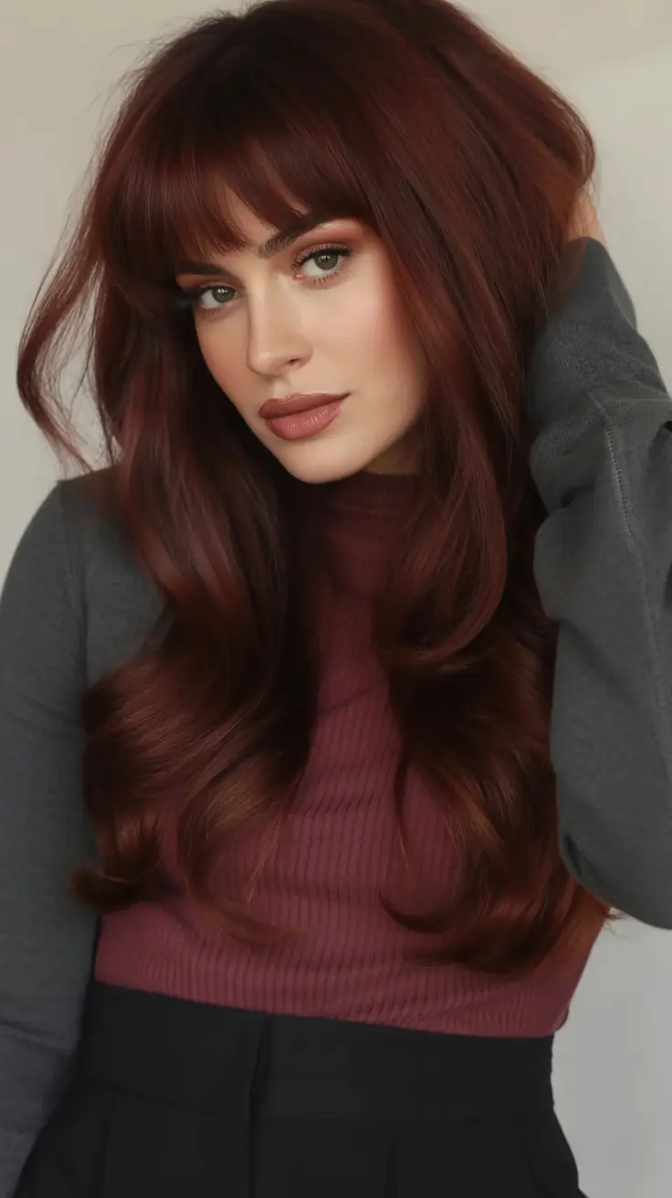 Fall Hair Color Ideas for Deep Skin Rich Auburn Layers with Face-Framing Bangs