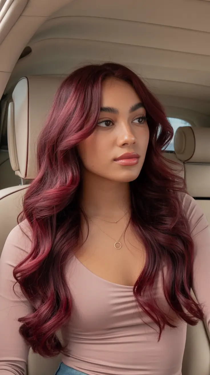 Fall Hair Color Ideas for Deep Skin Velvet Merlot Waves