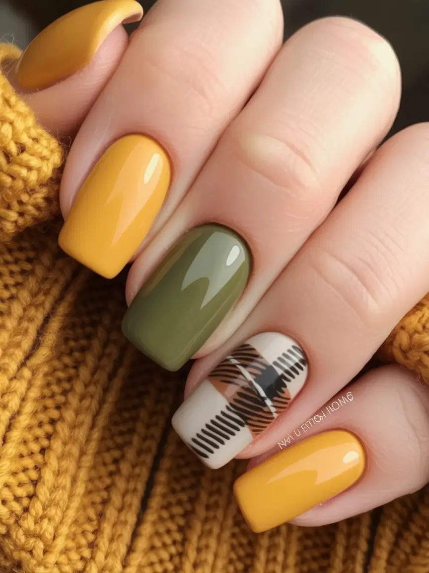 fall nail colors for fair skin golden mustard plaid twist