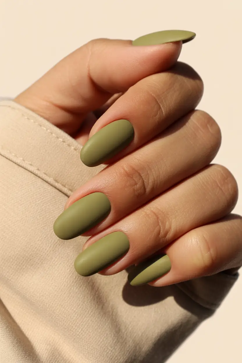 fall nails oval shape Olive Green Matte Elegance