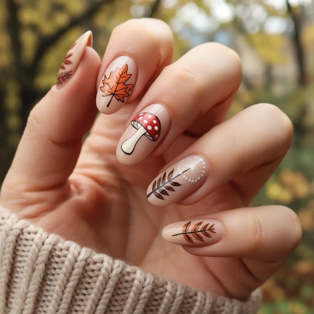 fall nails oval shape Whimsical Woodland Motifs
