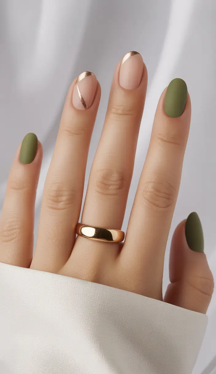 fall nails oval shape Matte Olive and Metallic Accents