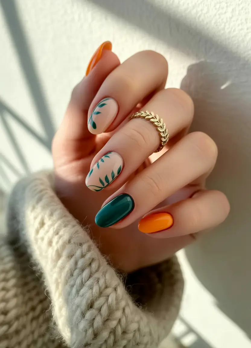 fall nails oval shape Earthy Green and Burnt Orange Contrast