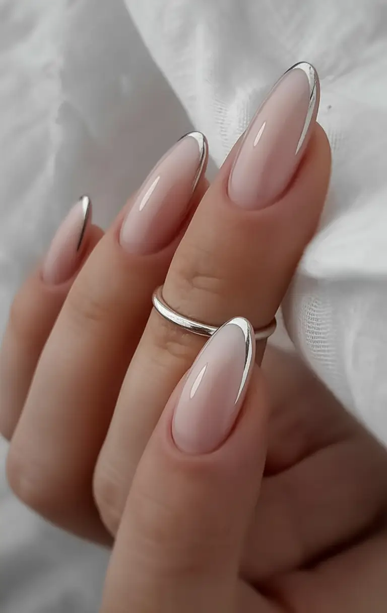 fall nails oval shape Silver-Tipped French Elegance